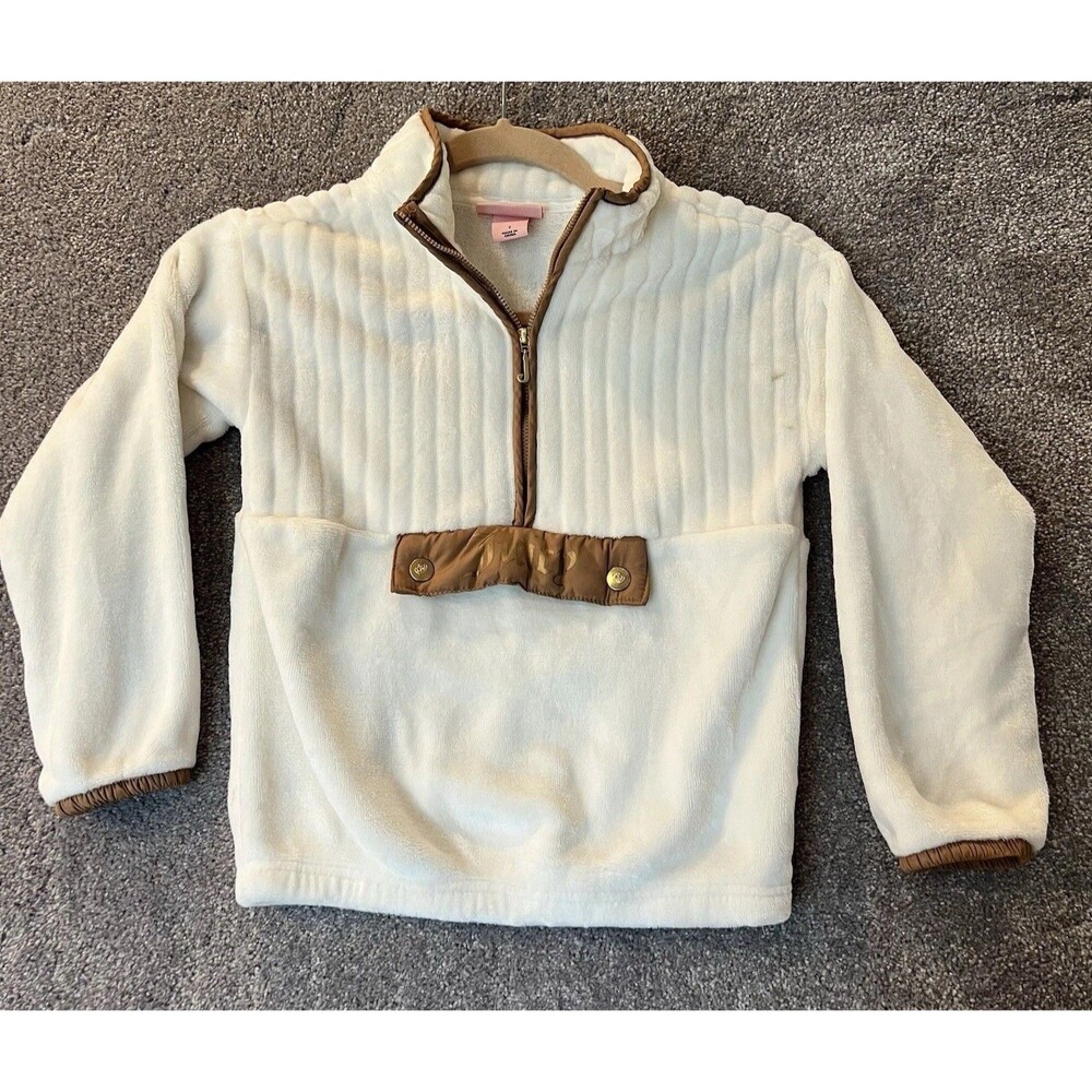 Juicy Couture Girls Fleece Pullover 7 White Faux Fur Quarter Zip Sweater Flap
